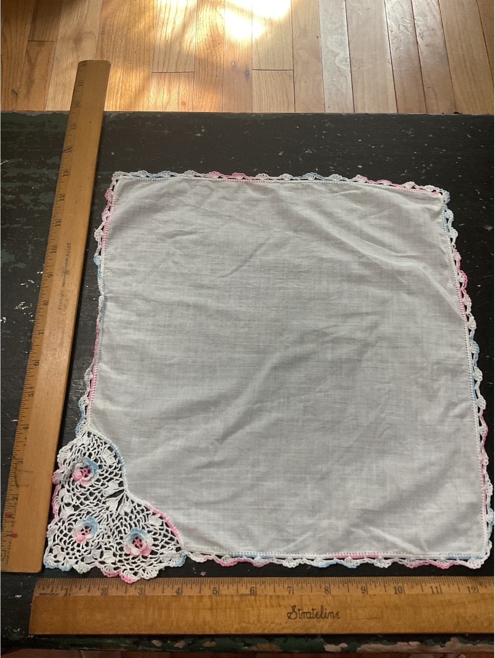 Vintage White Handkerchief with Crochet Floral Lace Trim